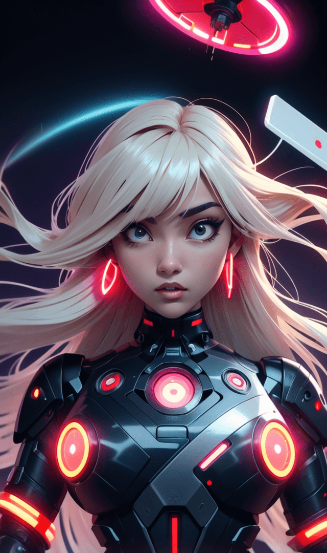 AI generated:  Futuristic cyborg girl featuring a captivating cybernetic helmet adorned with vibrant triangular re...