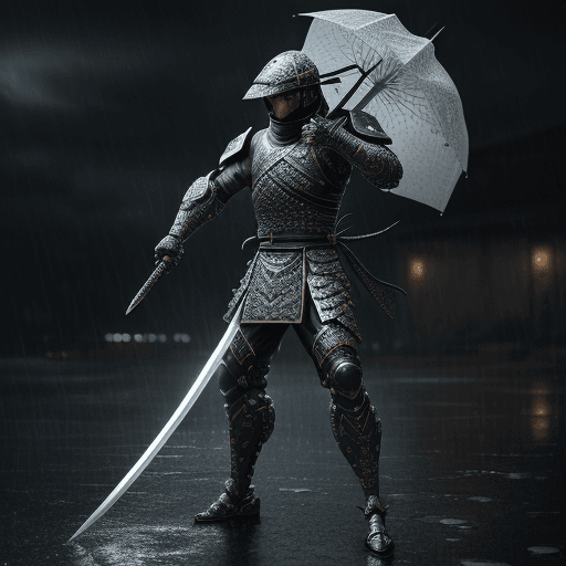 AI generated: futuristic armored ninja wielding sword wearing rice hat, full body, insanely detailed and intricate...