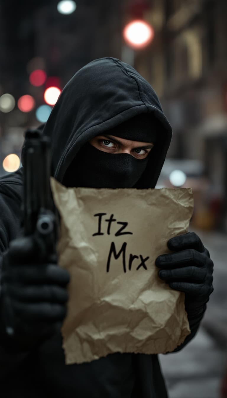 AI generated: t man wearing black hoodie holding a peace of wrapped  paper in the right  saying "Itz Mrx" hand wri...