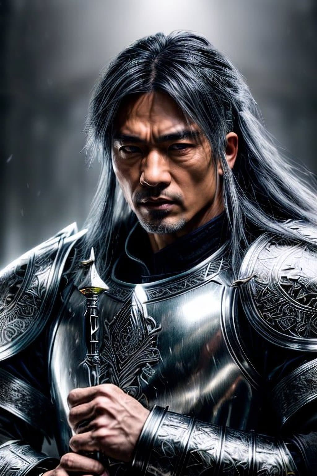 AI generated: medieval fantasy portrait armored handsome male asian warrior ((auras wrath)) fantasy castle bright ...