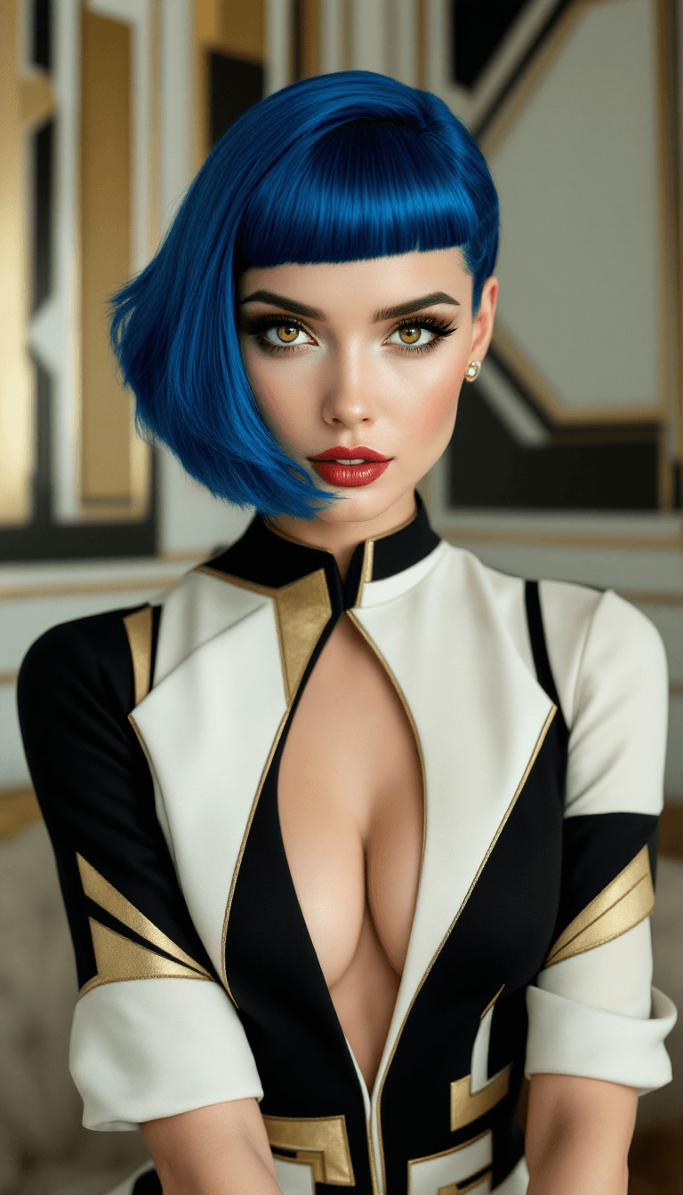AI generated: A sophisticated woman with short, vibrant blue hair, styled in a sleek, geometric bob. Her eyes are ...