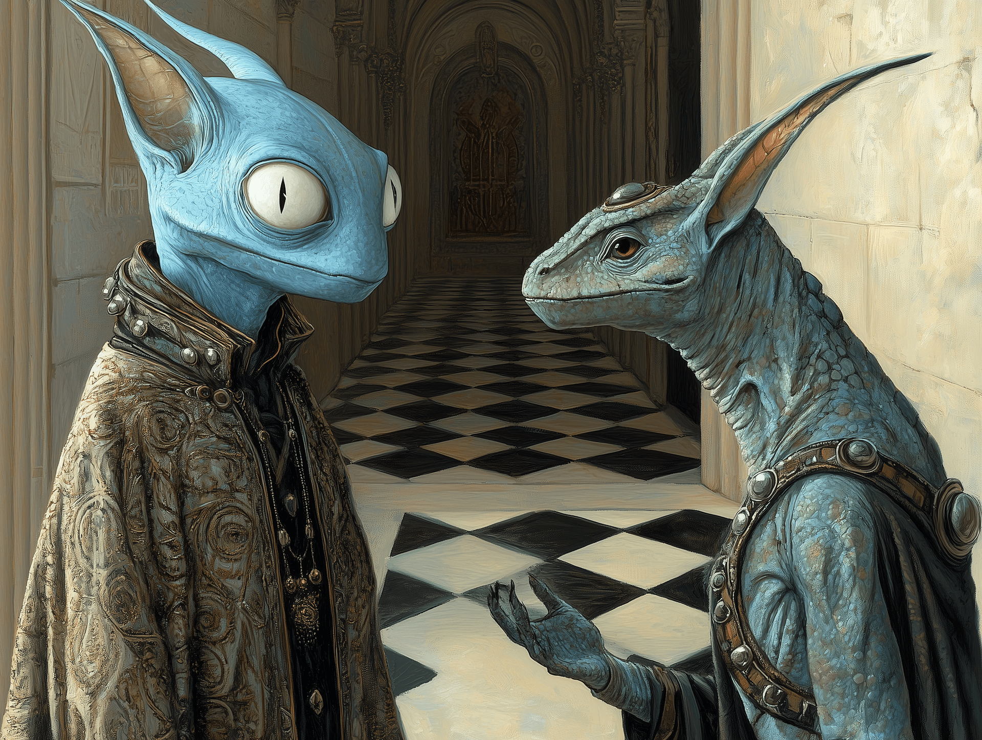 AI generated: A blue alien with long ears and white eyes, wearing an ancient robe, is talking to another creature ...