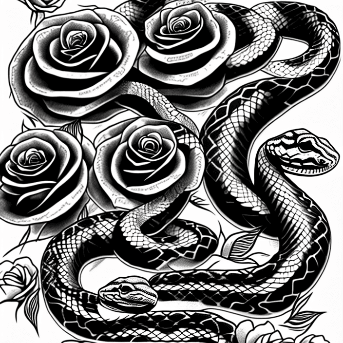 AI generated: snakes, tattoo sketch, smooth transitions, black patterns, more details, more flowers, pions, roses,