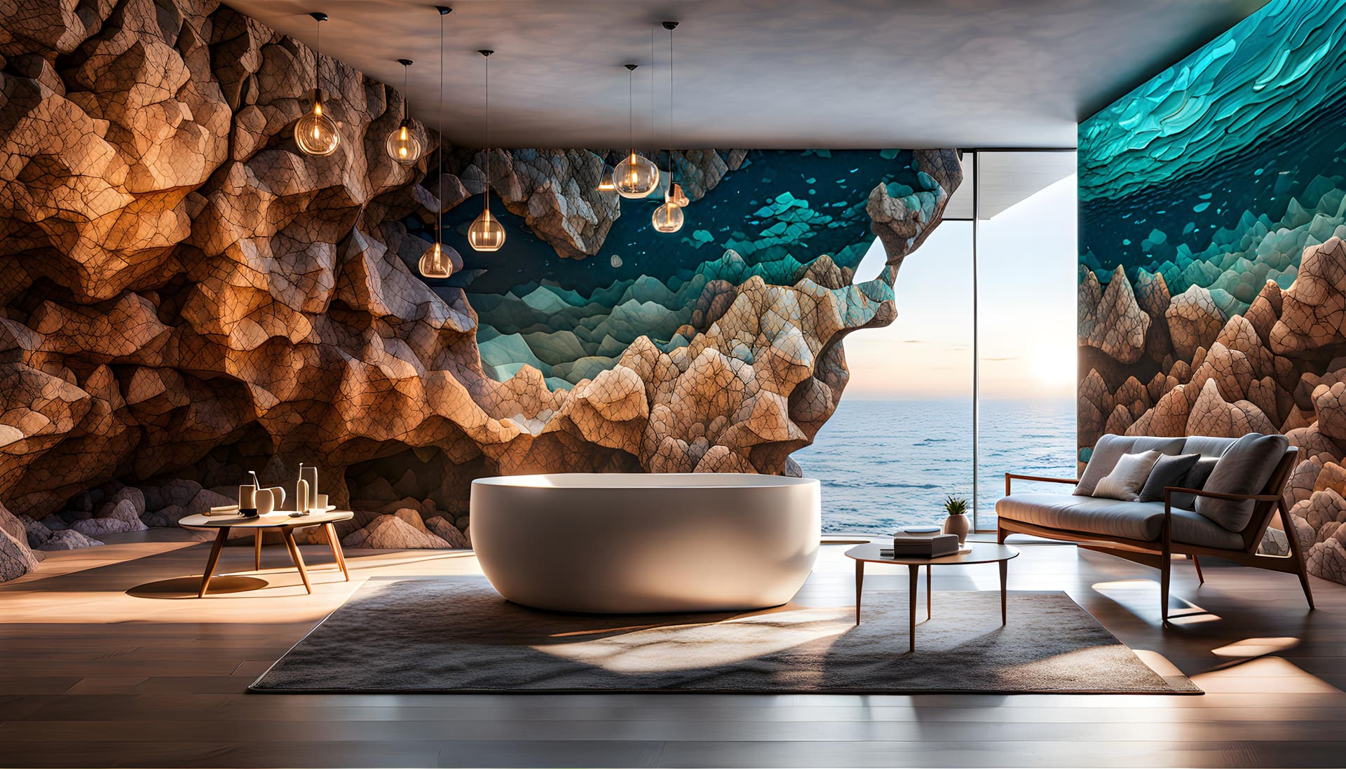 AI generated: extremely detailed CGI wallpaper, 16k, multi-textured, sea flat, dazzling , 4k, 8k, low poly rocks, ...