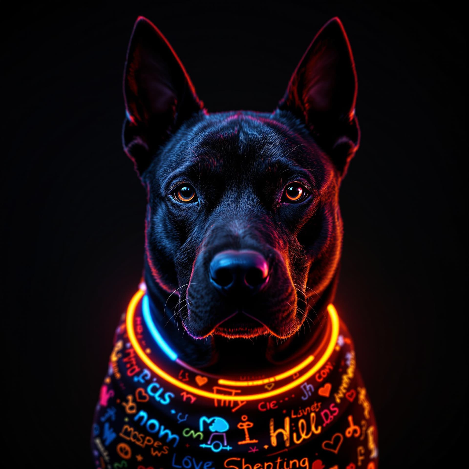 AI generated: Hyper realistic, style reference, 3D patterns beautiful black dog, neon lighting behind him. Dark ba...