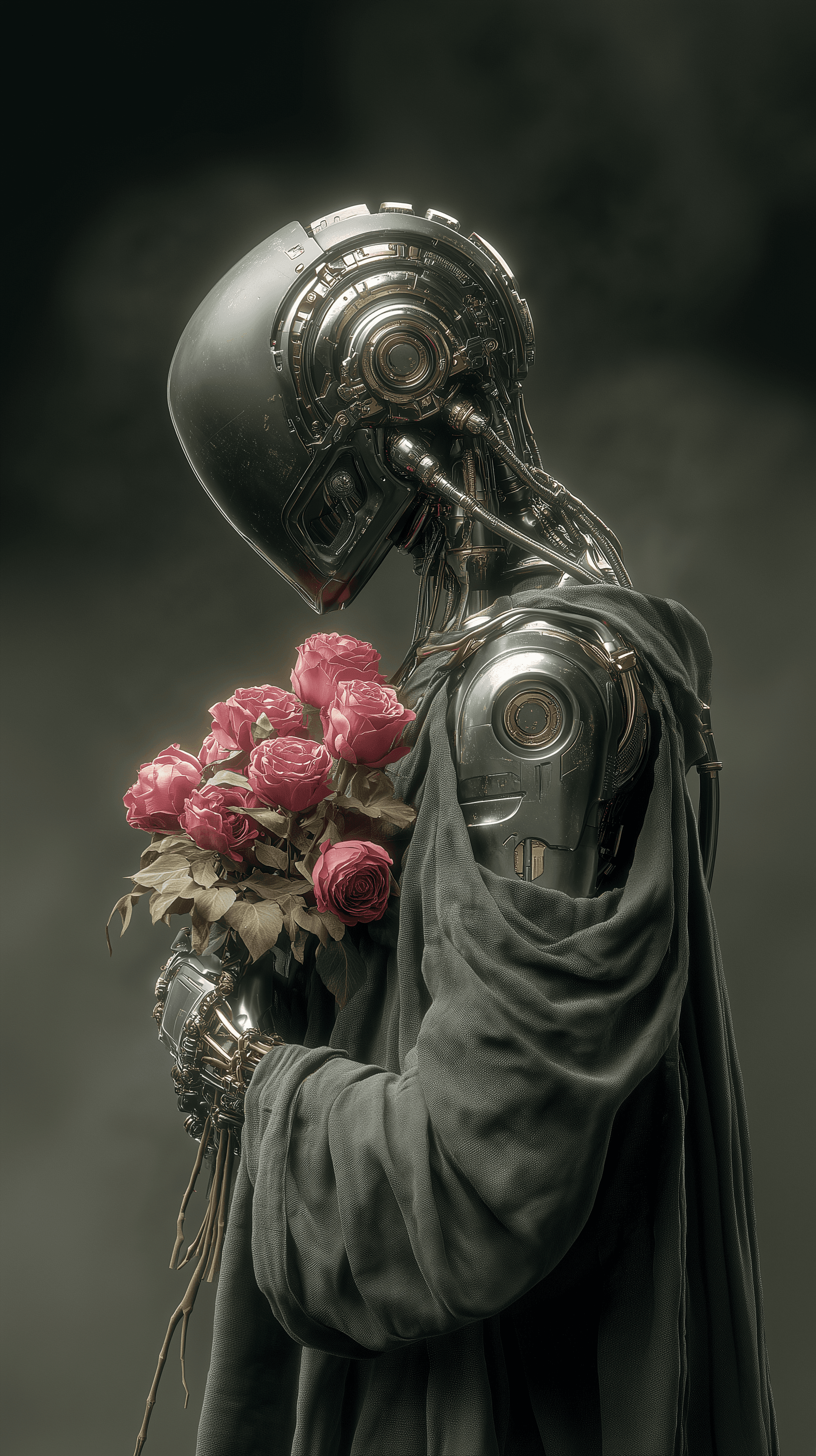 AI generated: 3d rendering, cyberpunk aesthetic,upper-body, reflective blackened alloy futuristic skeletal figure ...