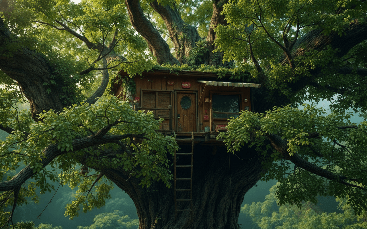 AI generated: Recreate and improve this image by adding more smaller branches and leaves around the Treehouse to h...