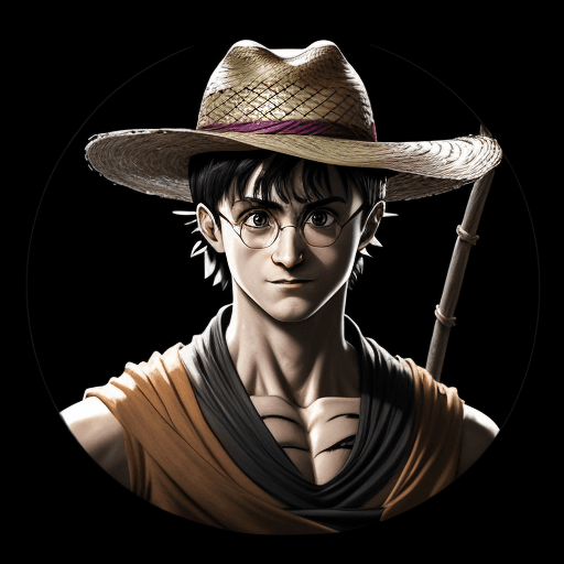 AI generated: Harry Potter, dragon ball anime, X-shaped scar on his chest, Straw Hat, symmetrical body, portrait, ...
