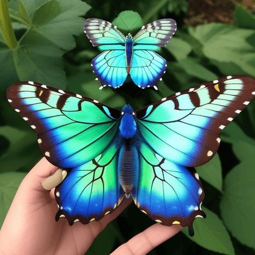 AI generated: mariposa verde y azul, con niños alredeor en el campo