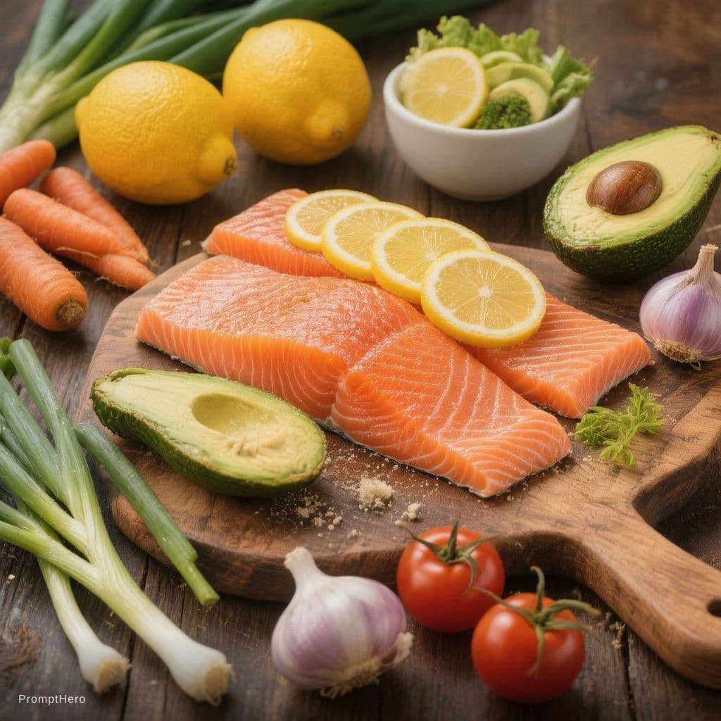 AI generated: Ultra realistic healthy food composition on a dark wooden table, fresh raw salmon fillets on a woode...