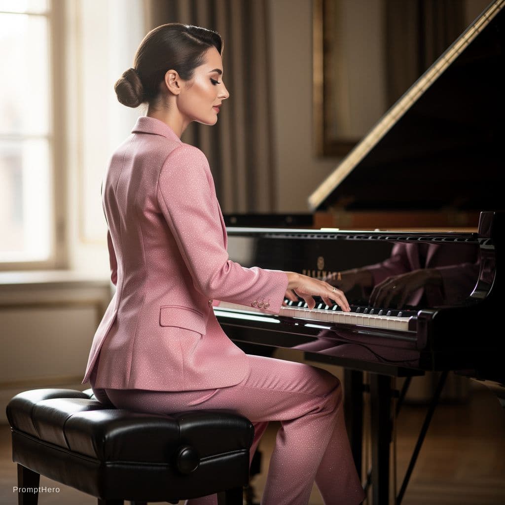 AI generated: She sits on a sleek, black piano bench, her body turned slightly to the side, showcasing the dramati...