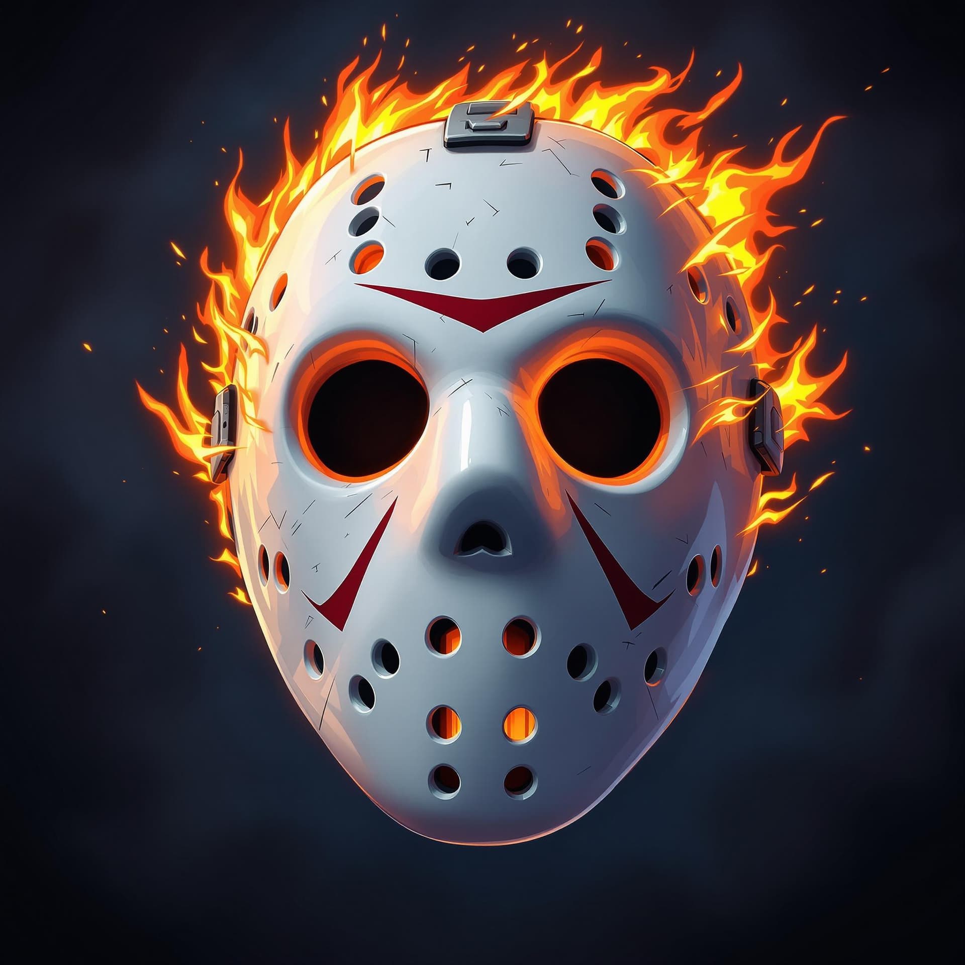 AI generated: cartoon illustration of a white hockey mask with flames coming off of it, The background is a dark a...