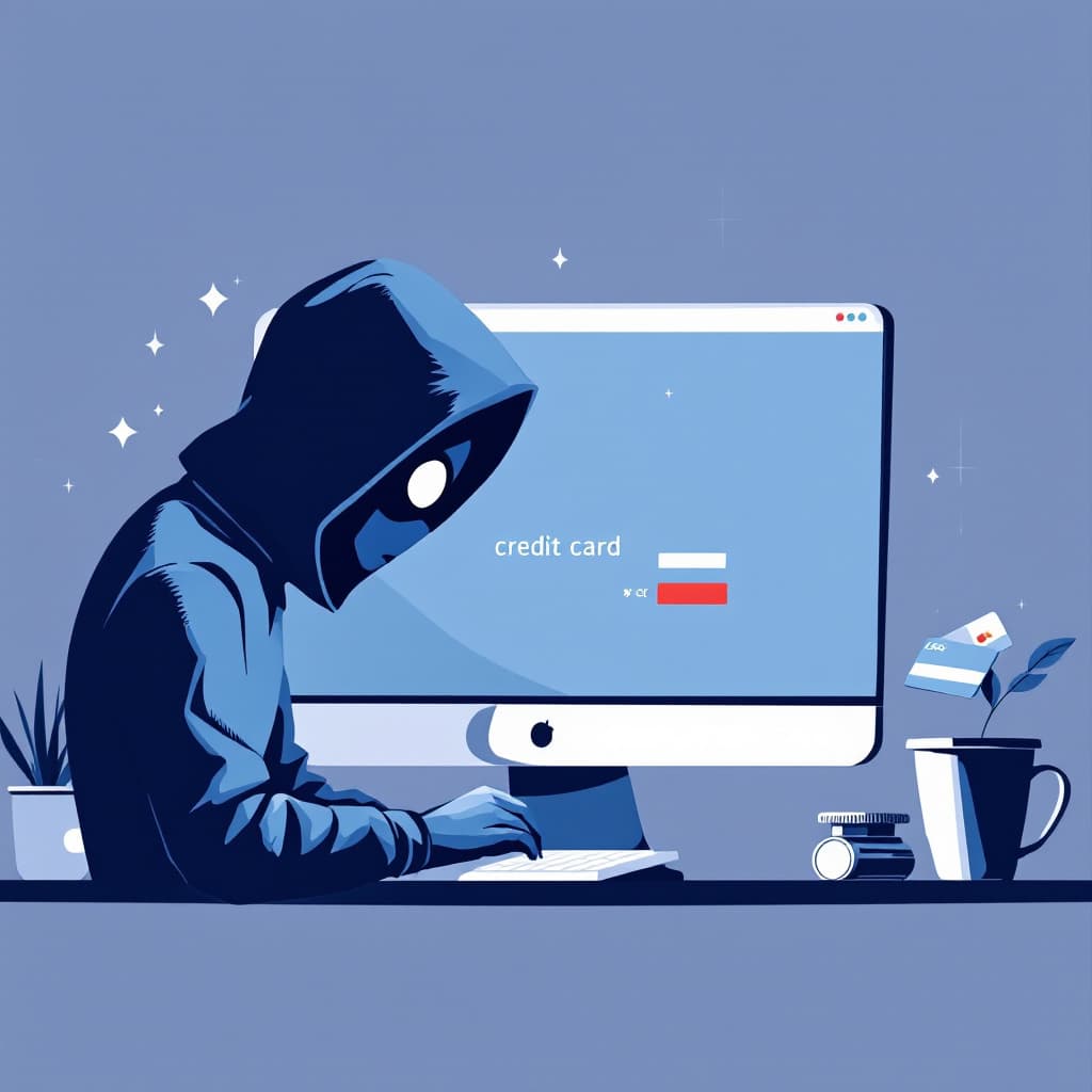 AI generated:  hacker enters credit card details while holding it on an online shopping site, using computer