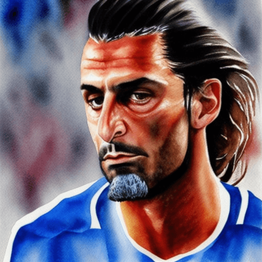 AI generated: Watercolor by Robert Baggio, former Italian football star, Baggio's beard, long hair, number 10 Ital...