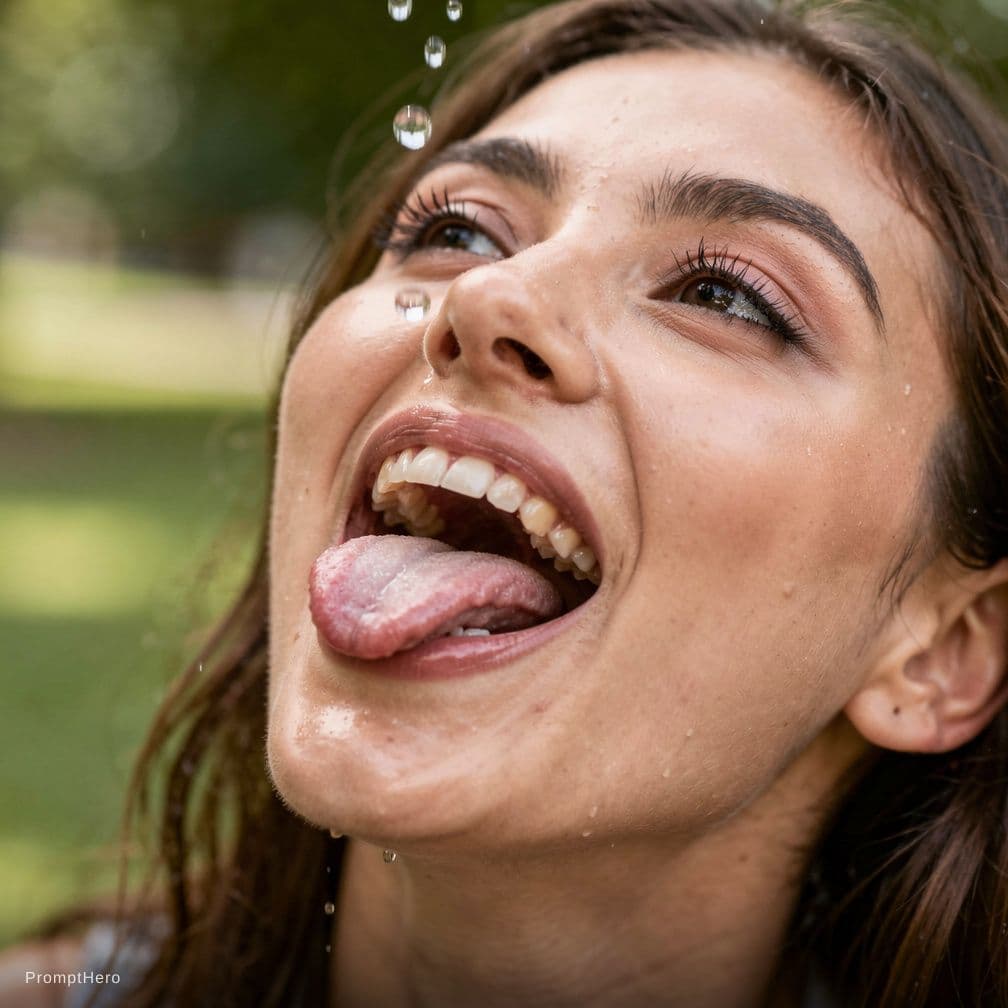 AI generated: have her stick out her tongue far out sexily, like she’s going to catch water on her tongue 