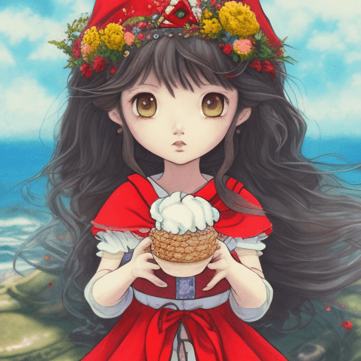 AI generated: A little red riding hood of primary school age with ice cream in her hands, flowing curly bangs, ani...