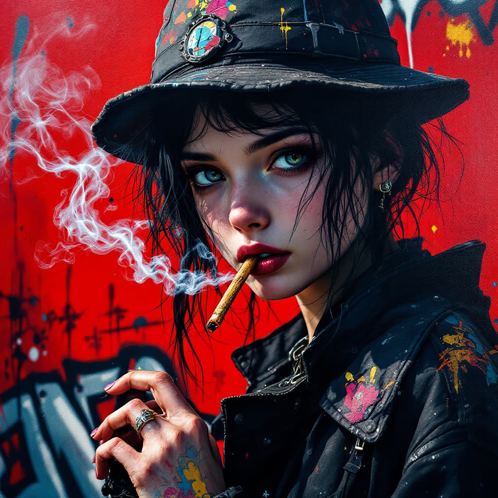 AI generated: close up, full color painting wall, standing cyberpunk 15 yo girl, (looking at viewer:1.5) , Porkpie...