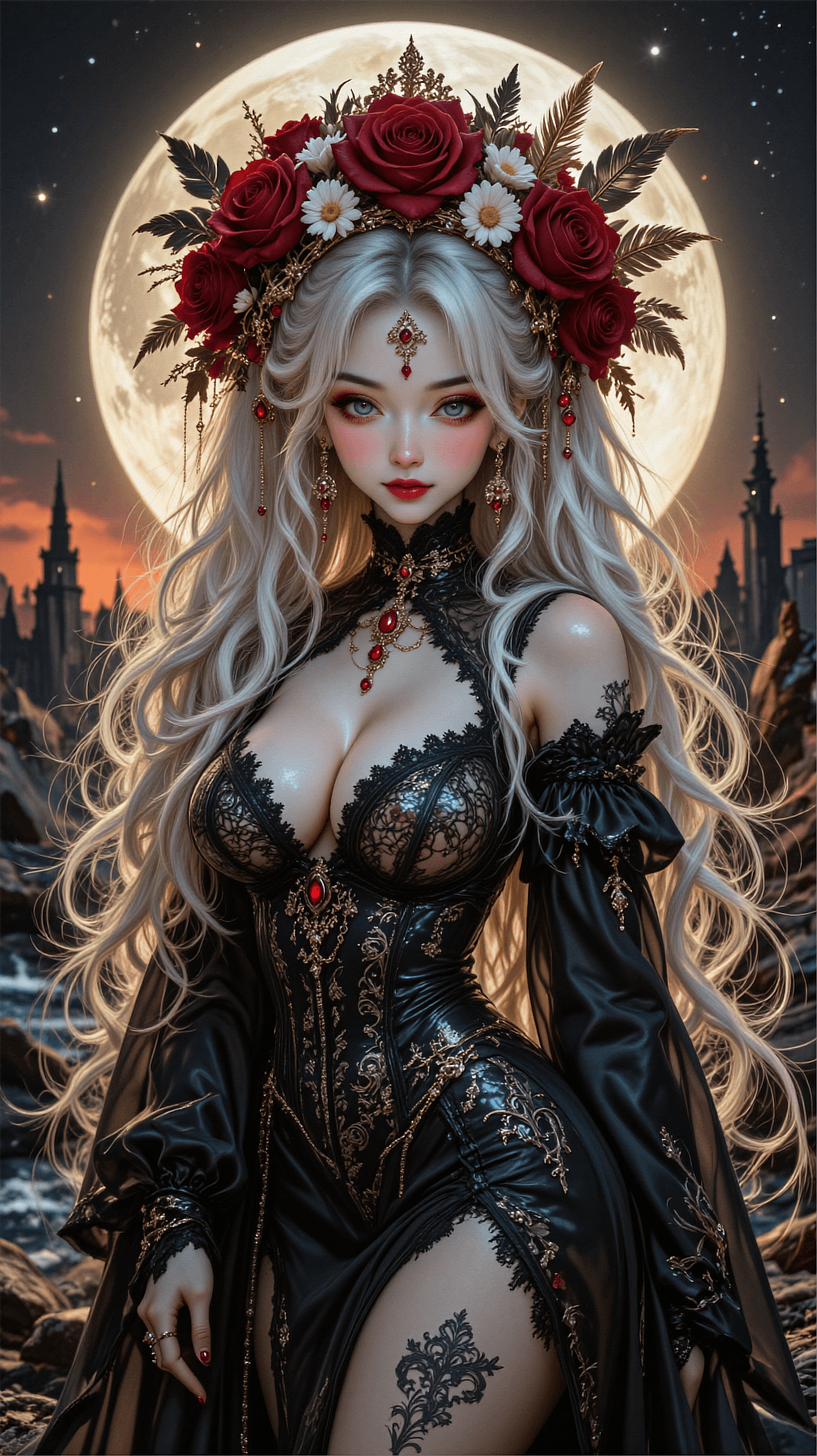 AI generated: A vertical ultra-detailed fantasy masterpiece of an ethereal moon goddess with large blue eyes and d...