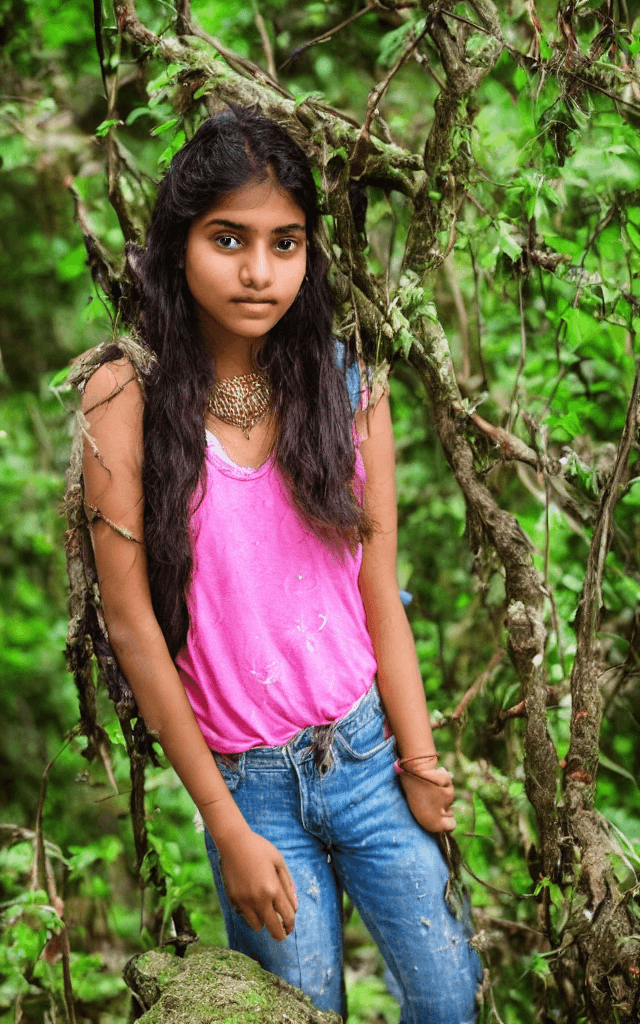 AI generated: A 17 year old Indian girl is posing in a natural trail in a jungle , she is wearing a loose pink tan...