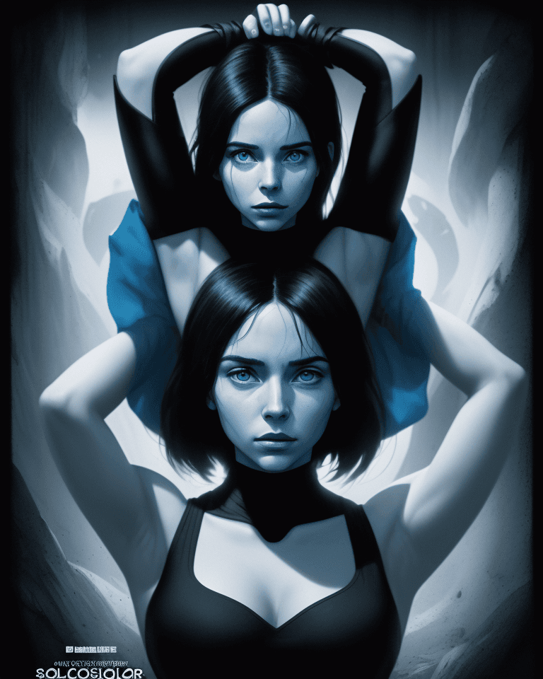 AI generated: movie poster, ((Giorgia soleri)), female character in black, white and blue, arms behind head, in th...