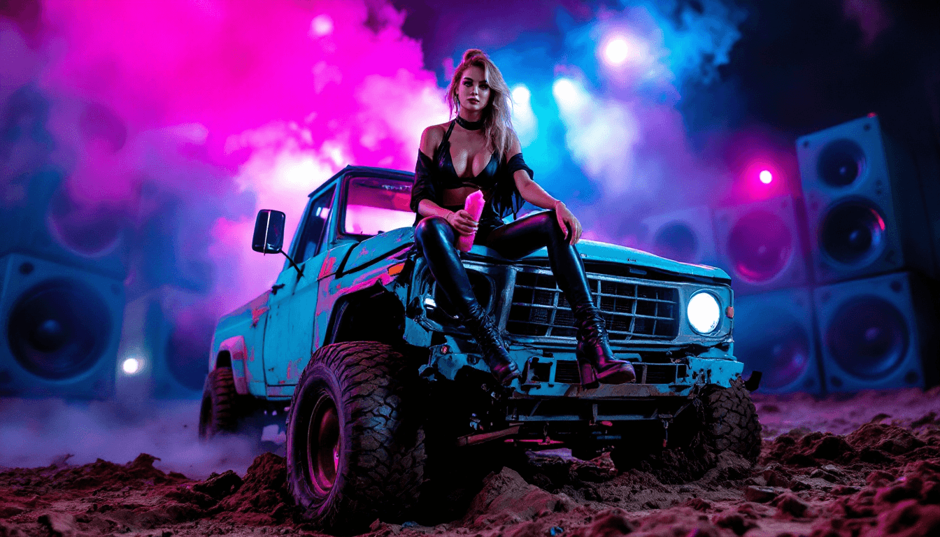 AI generated: A Stunning Woman, 20s-30s, light-skinned, sits atop a wrecked, teal-blue pickup truck.  Dramatic lig...