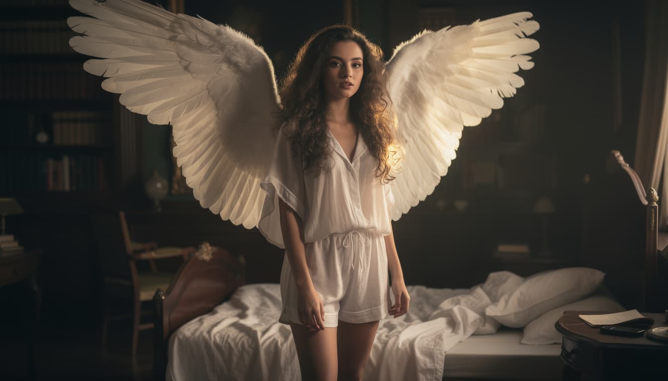 AI generated: Portrait of a sweet young woman with 2 large white feathered angel wings on her back spread out as i...