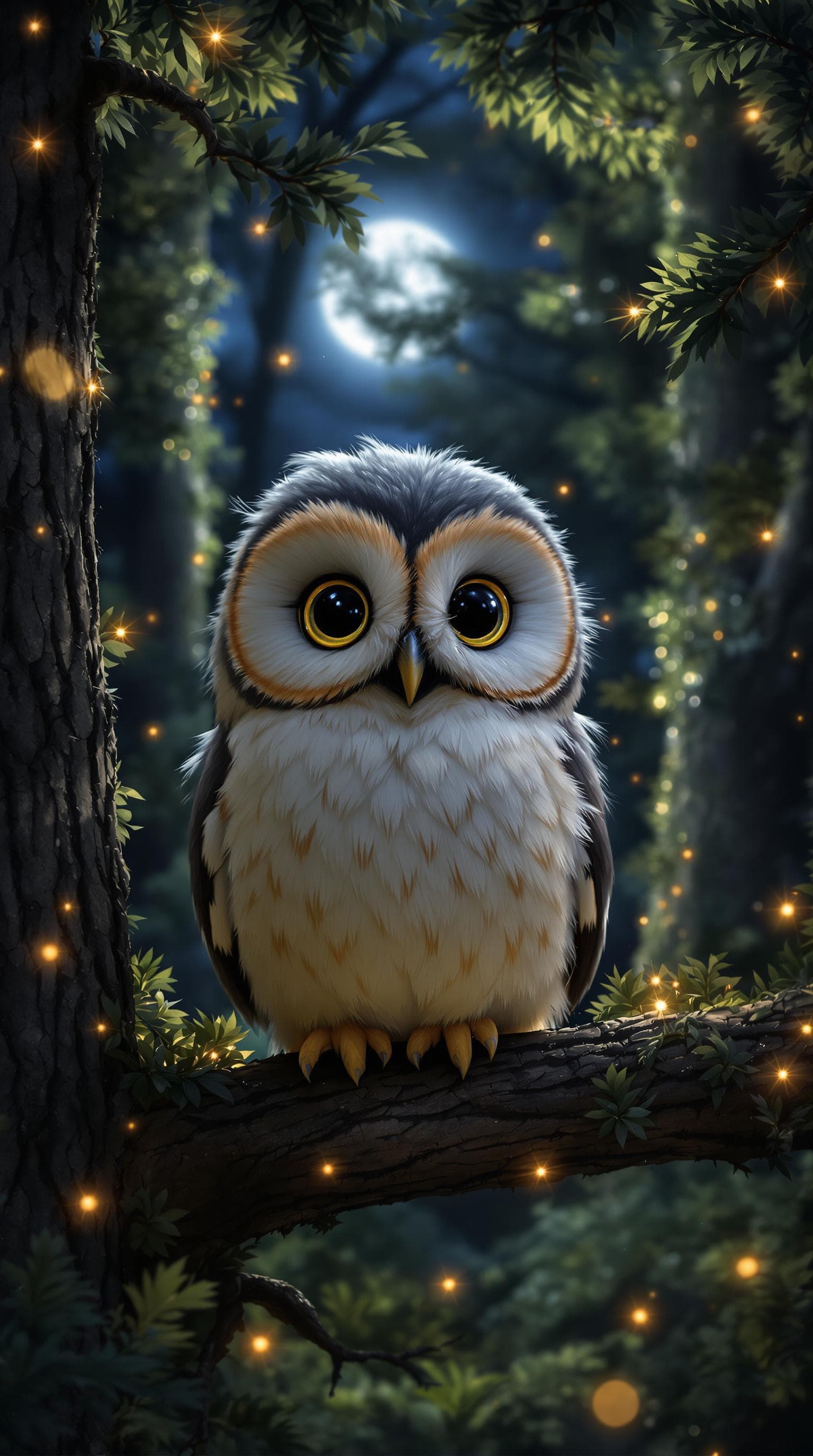 AI generated: fluffy owl sitting in the trees looking at camera, beautiful background, forest, octane render, nigh...