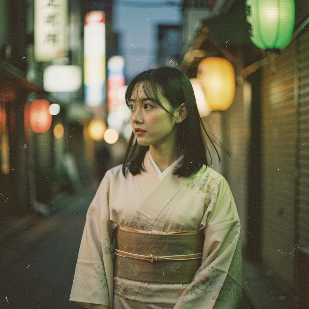 AI generated: Japanese Culture Style, Emotional Photos, 35mm film, Young Japanese Woman, 