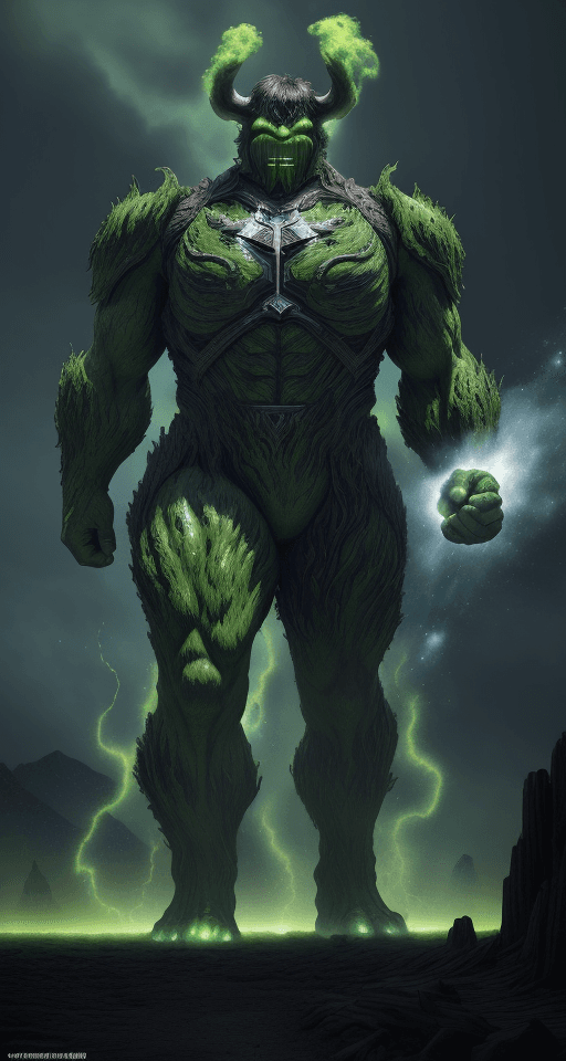 AI generated: a giant hulk divinity masked as a green creature, ultra realistic, vincent van gogh style, fw murano...