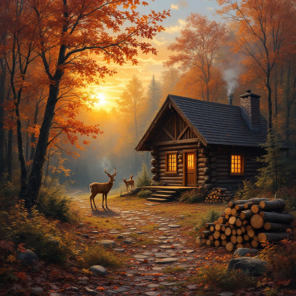 AI generated: DEEP IN THE BEAUTIFUL FALL WOODS IS A LOG CABIN WITH SMOKE COMING OUT THE CHIMNEY, THERE IS A STACK ...