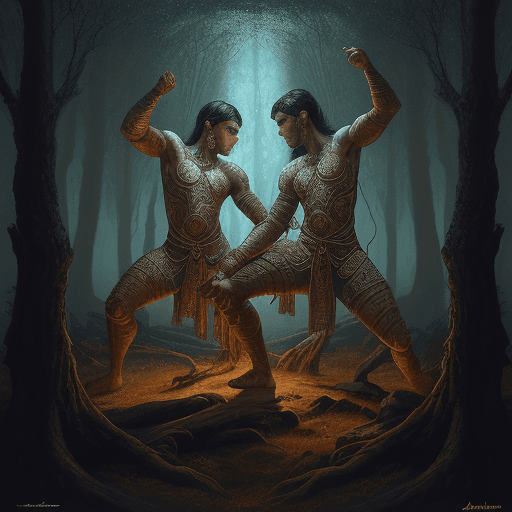 AI generated: portrait of the proto indo European cosmic twins, intricate action pose, Oil paint, ancient, illumin...