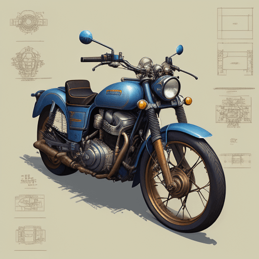 AI generated: sketches blueprint of a old motorcycle, warp engines, formulas and annotations, schematic by parts, ...