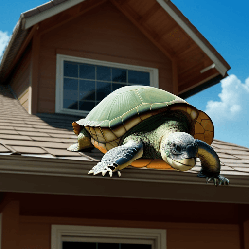 AI generated: turtle walking over a house, smiling