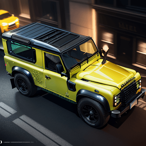 AI generated: cinematic CG 8k wallpaper, close up, dynamic scene, ultra realistic sunbeam yellow valiance land rov...