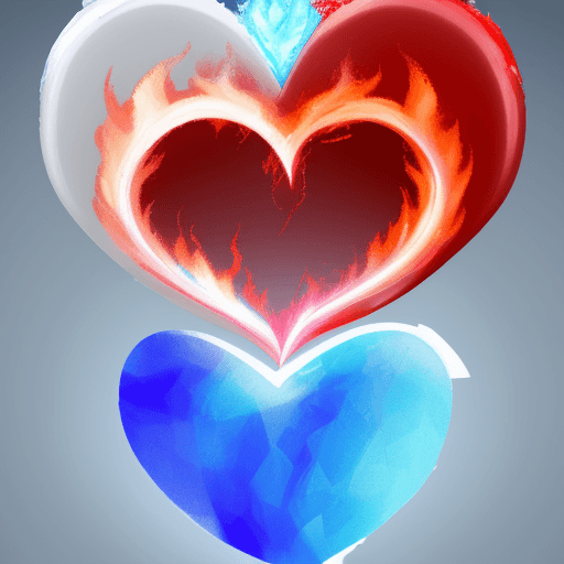 AI generated: a heart with left side filled with red fire and right side filled with blue ice - with white backgro...