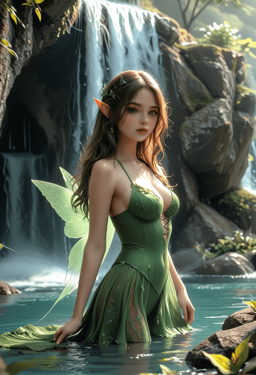 AI generated: Water witch fairy,playful demeanor,waterfall in background,highres,realistic,<lora:FantasyWizardWitc...