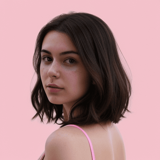 AI generated: Hyperrealistic photo of a brunette against a background of pink blots from an instagram icon