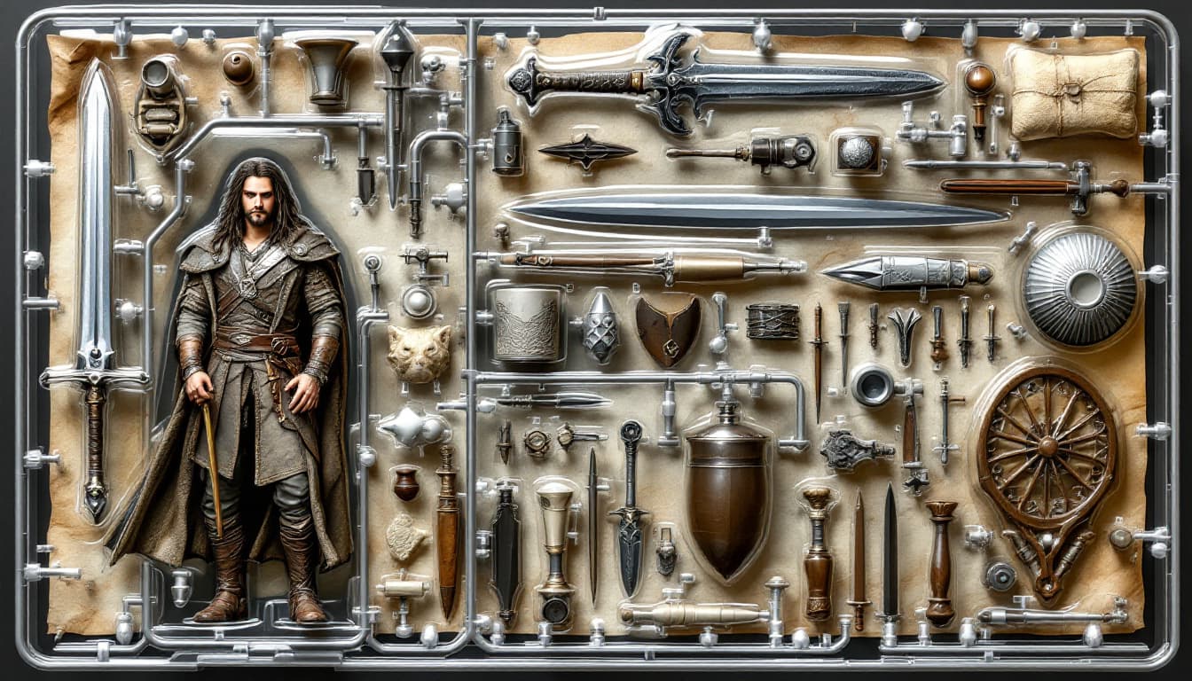 AI generated: plastic model kit style image featuring Aragorn as a plastic action figure with sword and weapons, a...