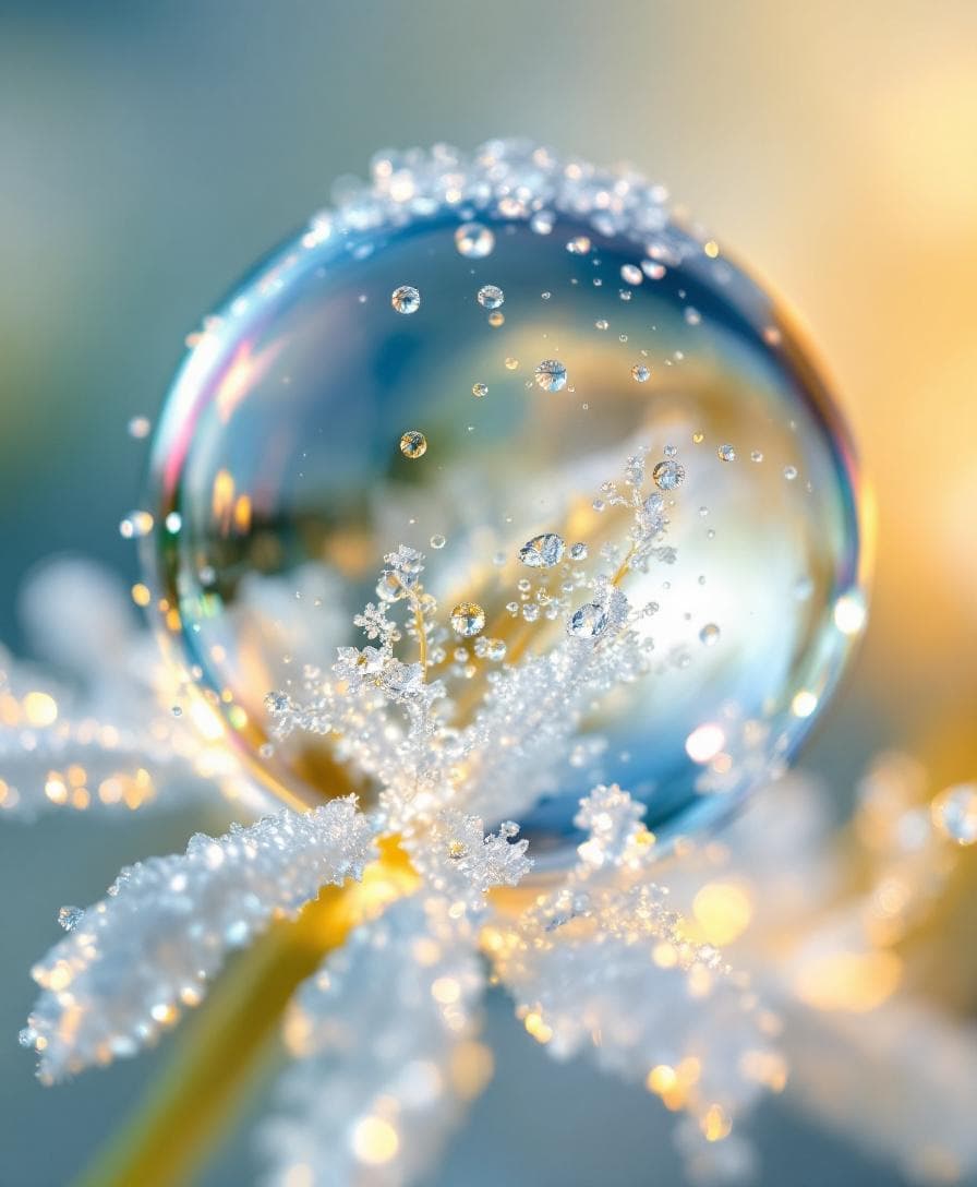 AI generated: extreme-ultra-detailed macro-view close-up of view of Ice crystals covering a bubble on a flower ear...