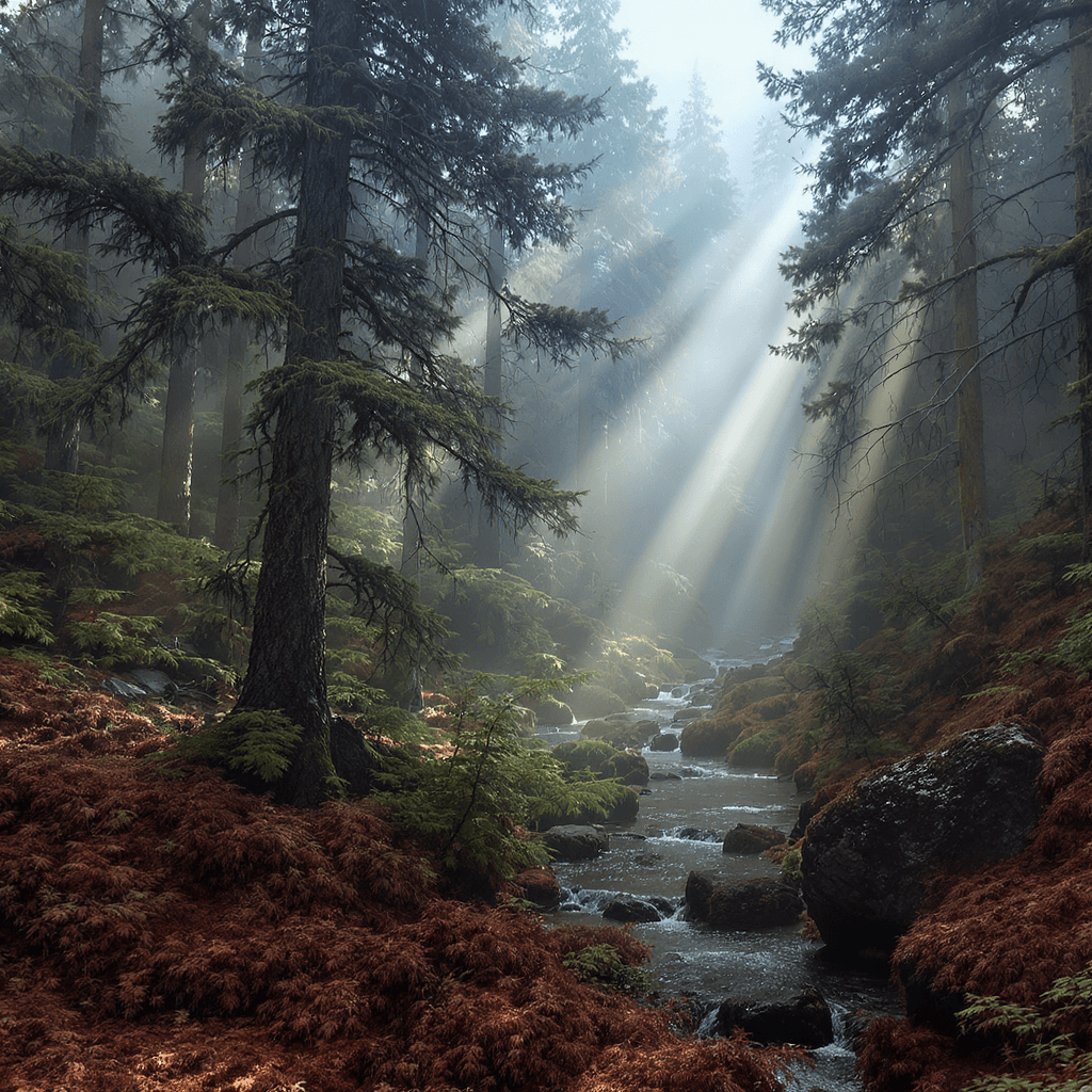 AI generated: A vast Nordic forest inspired by Viking sagas, towering pine and fir trees covered in moss, shafts o...