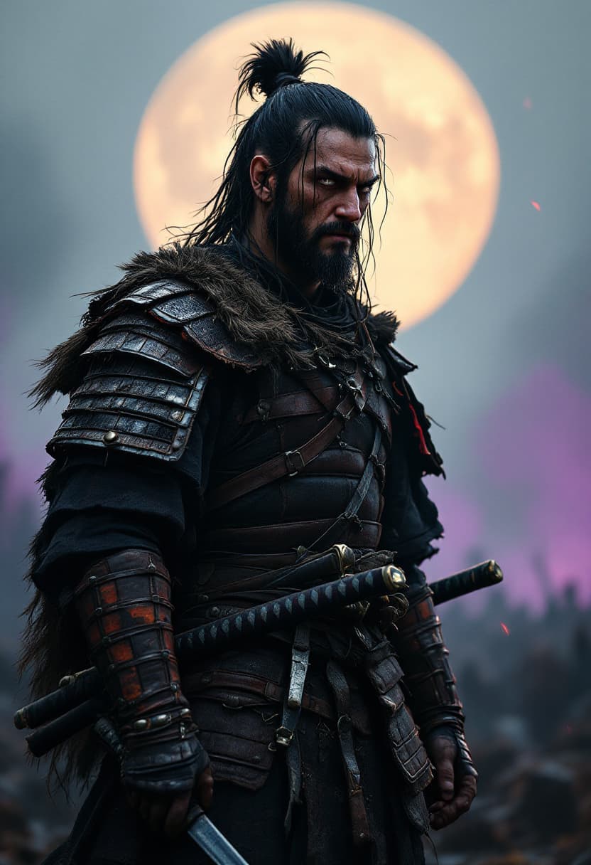 AI generated: samurai warrior standing in battlefield, facing forward, full face visible, tired intense expression...
