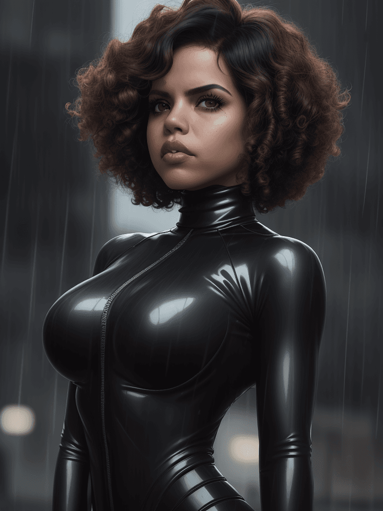 AI generated: a woman with short peppered hair, gigantic tight ringlets,  standing in the rain, (Natalie Morales),...