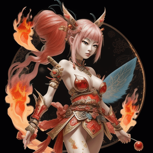 AI generated: Whimsical Japanese warrior mix with fire nymph, lots of jewels and gems, high level of detail, 