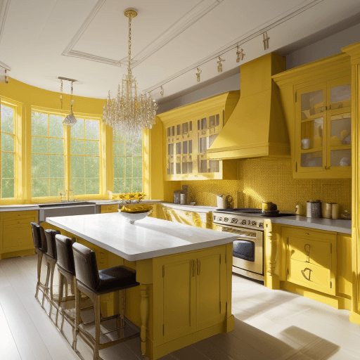 AI generated: interior photography, a spacious yellow kitchen island, with large open windows, cooking stove and o...