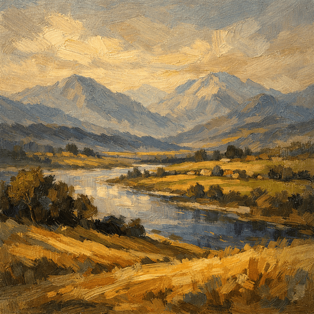 AI generated: Create a beautiful landscape that looks human made -- add brush strokes, whatever you can to give it...
