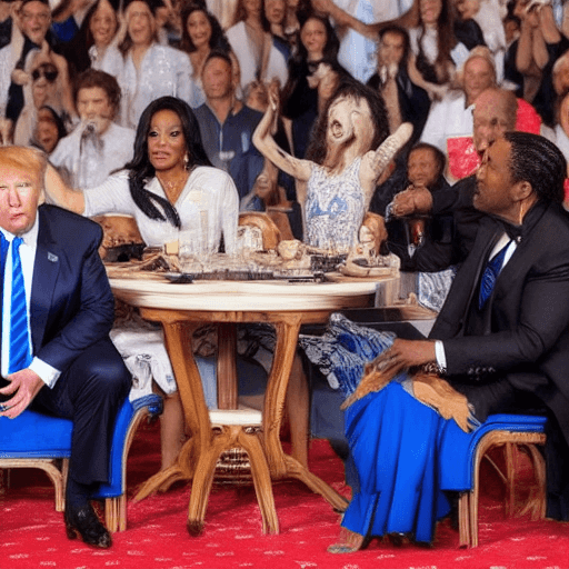 AI generated: Donald Trump seated in a blue suit seen in profile, next to him Oprah Winfrey seated seen from behin...