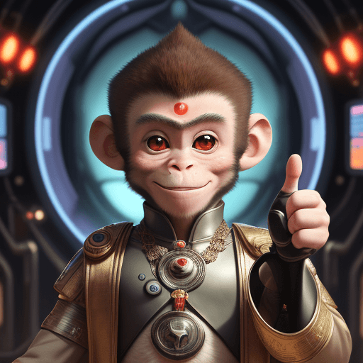 AI generated: A photo of a wise young monkey from the future surrounded by futuristic technology, smiling and star...
