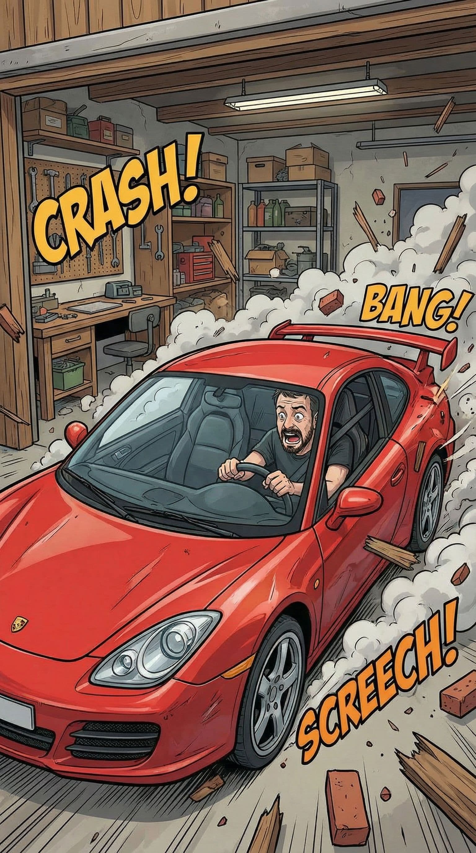 AI generated: Ponme al tipo de referencia estrellando un coche en un garaje. Cartoon realistic style
