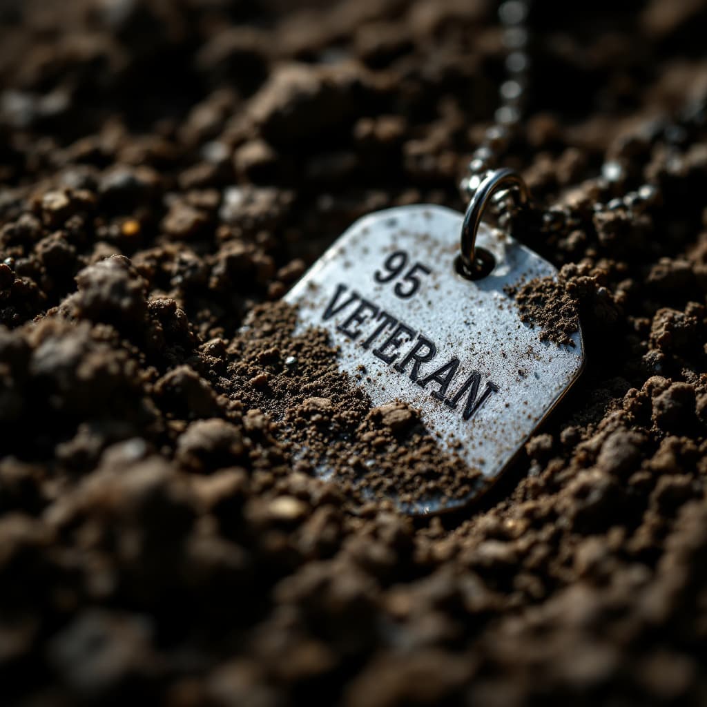 AI generated: 95.	close-up macro of a dog tag lying in dirt, partially buried, emotional lighting --v 7 --style ve...
