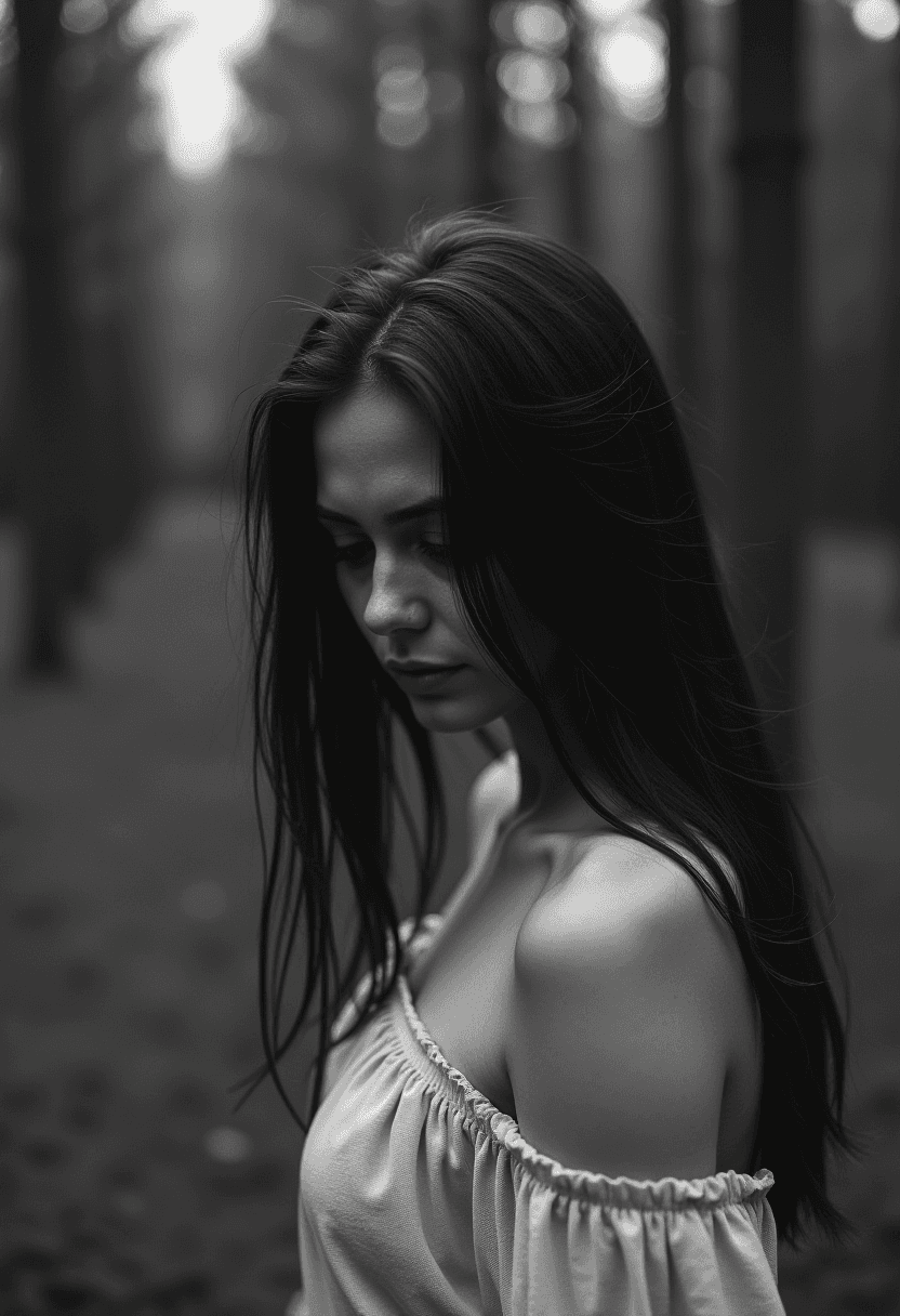 AI generated: A woman with long, dark hair and a light-colored, off-the-shoulder top stands in a forest, her conte...